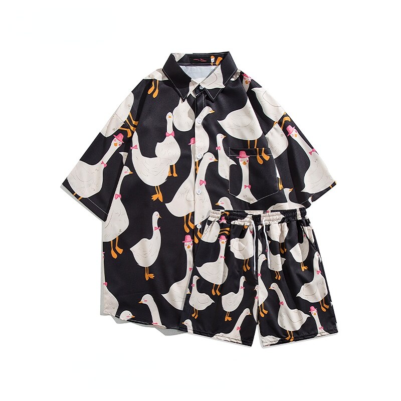 jiaabc American Casual Suit Men Cartoon Animal Duck Goose Print Oversize Top Loose Shirt Shorts Two-piece Set Summer Streetwear Unisex