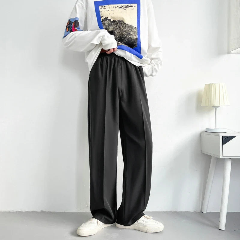 Summer Thin Pants Men Fashion Blue Black Casual Ice Silk Pants Men Streetwear Korean Loose Straight Wide Leg Pants Mens Trousers