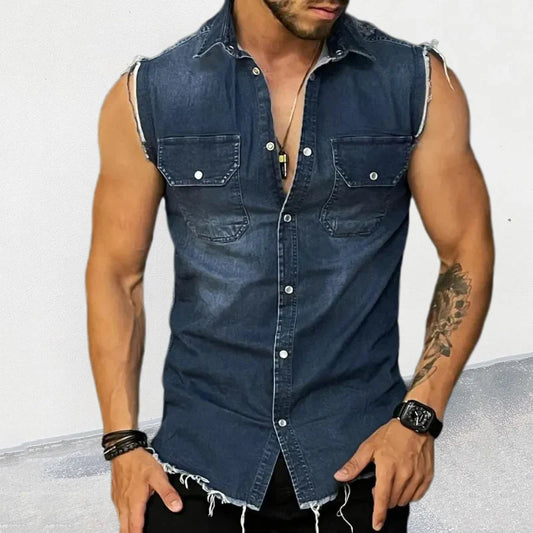 2024 Spring Summer Casual Jean Vest Tops Men Fashion Sleeveless Buttoned Lapel Denim Tank Tops Streetwear Mens Denim Vest Shirts