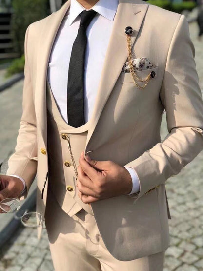 Beige Men's Suits Peak Lapel Slim Fit 3 Piece Italian Style Wedding Groom Tuxedo Business Fashoin Costume (Jacket+Pant+Vest)