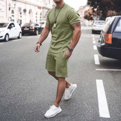 jiaabc Men's Sports Suit Summer Breathable T-shirt 2 piece Set Men Solid Color Fitness Gyms Running Sportswear Male Tracksuit 2023 New