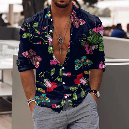 jiaabc Spring Autumn Men Hawaiian Shirts Turn-down Collar Buttoned Tops Men's Casual Tropical Printed Long Sleeve Shirt Streetwear