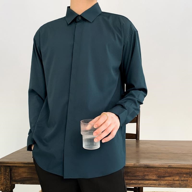 jiaabc Korean Fashion New Drape Shirts for Men Solid Color Long Sleeve Ice Silk Smart Casual Comfortable Button Up Shirt