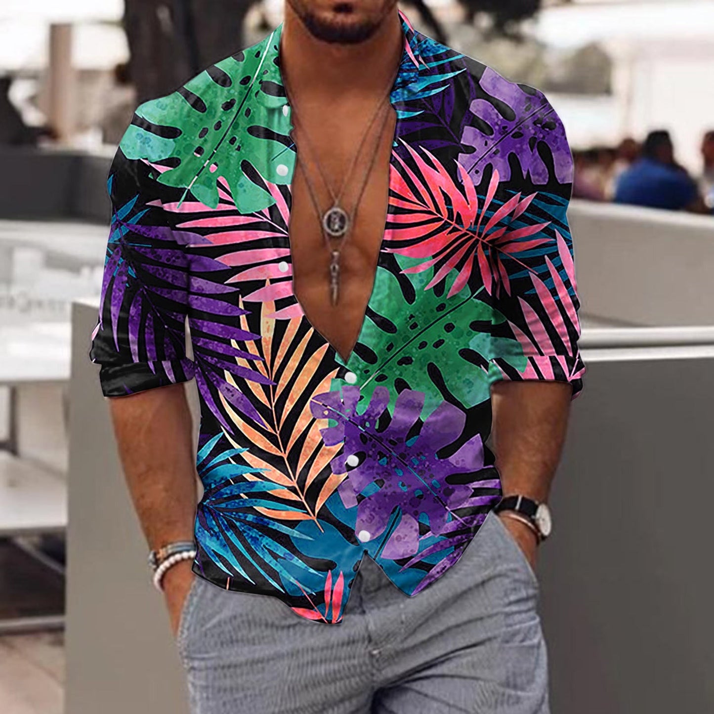 jiaabc Spring Autumn Men Hawaiian Shirts Turn-down Collar Buttoned Tops Men's Casual Tropical Printed Long Sleeve Shirt Streetwear