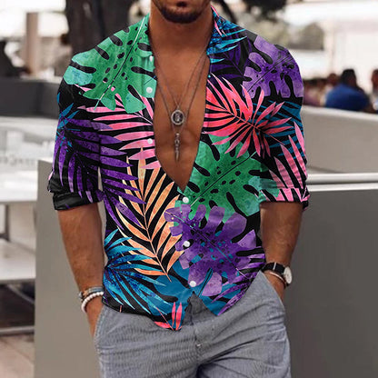 jiaabc Spring Autumn Men Hawaiian Shirts Turn-down Collar Buttoned Tops Men's Casual Tropical Printed Long Sleeve Shirt Streetwear