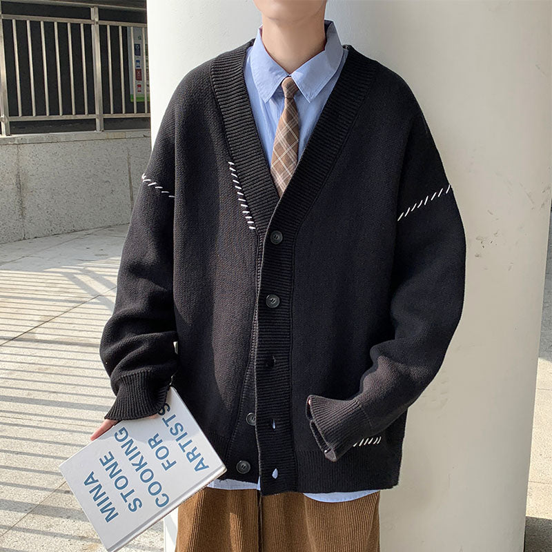 jiaabc Sweater Cardigan Men Japanese Students Retro Fashion Baggy Teens Male Harajuku Casual Black Warm Clothing Ulzzang Handsome Ins