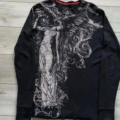 jiaabc Y2K Affliction Long sleeved T shirt Fashion Round Neck Oversized T shirt New  Mens Womens Casual Gothic Clothing Tops Streetwear