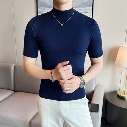 jiaabc Autumn High Quality Short Sleeve Knitted T Shirts  Men Slim Solid Pullovers Half Turtleneck Casual Stretched Tee Shirt Homme