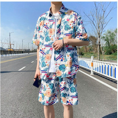 jiaabc Men's 2 Pieces Set Hawaiian Shirts + Beach Shorts Mens Casual Streetwear Summer 12 Floral Print Loose Short Sleeve Holiday Suits