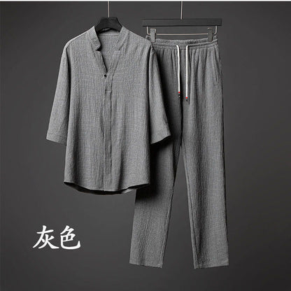 jiaabc 2023 (Shirt + Pants) Summer new men's fashion casual solid color Classic T-shirt set Men's high quality two-piece set 5XL