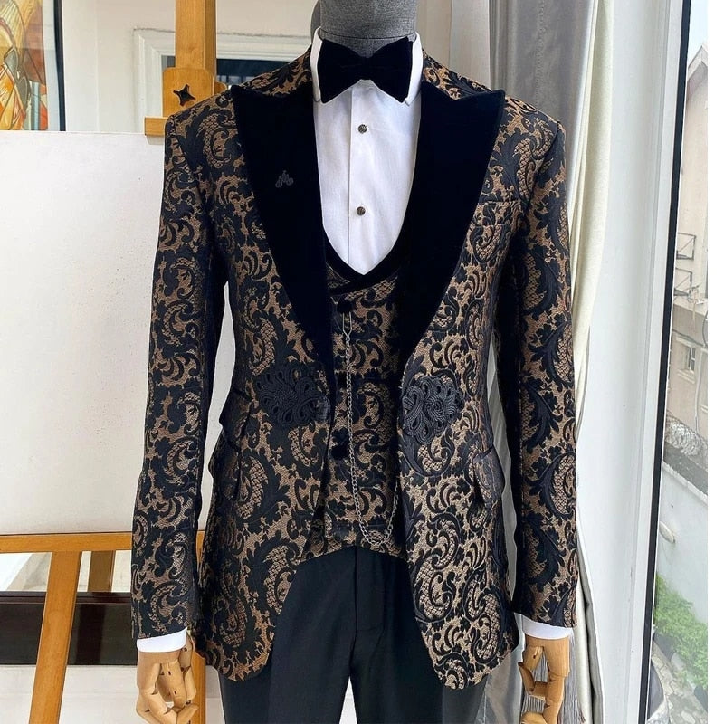 Jacquard Floral Tuxedo Suits for Men Wedding Slim Fit Navy Blue and Gold Gentleman Jacket with Vest Pant 3 Piece Male Costume