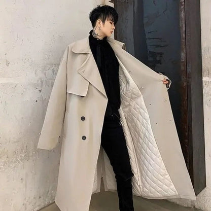 jiaabc Fashion Casual Overcoat Men's Autumn Winter Cotton Warm Windbreaker Long Handsome Student Loose Coat Top Trench Men Clothes