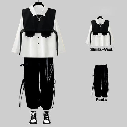 jiaabc Techwear Men's Sets Black Cargo Pants Men's Shirt Kit Long Sleeve Shirts Korean Streetwear Hip Hop Harajuku Spring