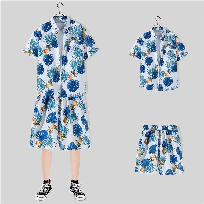 jiaabc 2 Piece Sets Men Beach Fashion M-3XL Baggy Handsome Print Shirts Shorts Hawaiian Holiday Unisex Thin Summer Vintage Clothing Ins