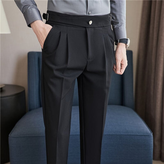 jiaabc British Style Autumn New High Waist Dress Pants Men Belt Design Slim Fit Suit Pants Formal Office Social Wedding Party Trousers