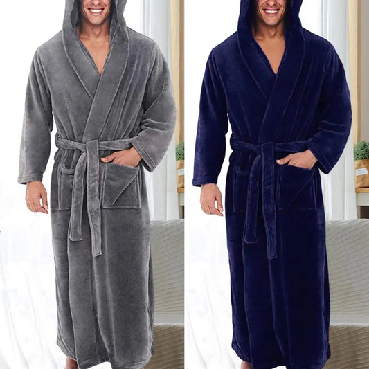 jiaabc Long Sleeve Pocket Belt Solid Color Men Bathrobe Winter Warm Hooded Long Fleece Home Gown Sleepwear