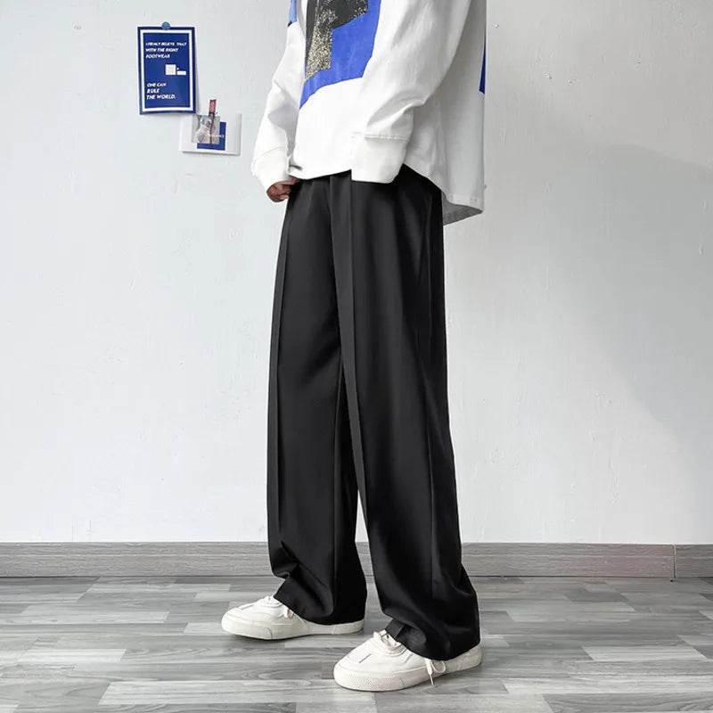 Summer Thin Pants Men Fashion Blue Black Casual Ice Silk Pants Men Streetwear Korean Loose Straight Wide Leg Pants Mens Trousers