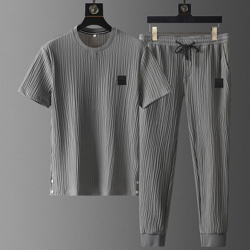 jiaabc New Summer Ice Silk Casual Sports Suit Men's Pleated Thin t shirt + Pants Two Piece Set Men's High Quality Breathable Tracksuit