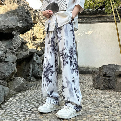 Spring Summer Ice Silk Printed Straight Pants Plus Size 5XL-M Men's Streetwear Thin Casual Pants Men Comfortable Wide Leg Pants