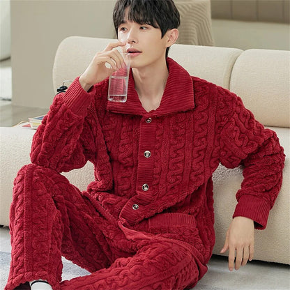 jiaabc Men Warm Flannel Winter Pajamas Turn-down Collar Long Sleeve Homewear Two-piece Set Loose Comfortable Thick Sleepwear Nightwear