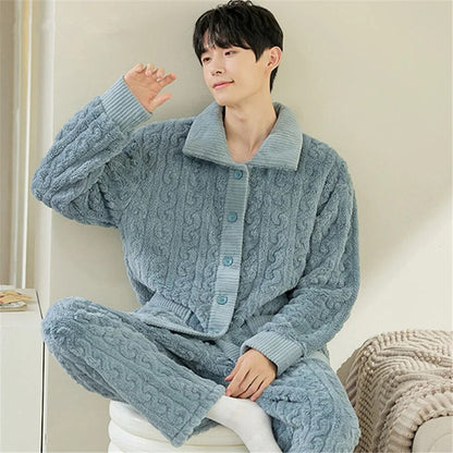 jiaabc Men Warm Flannel Winter Pajamas Turn-down Collar Long Sleeve Homewear Two-piece Set Loose Comfortable Thick Sleepwear Nightwear