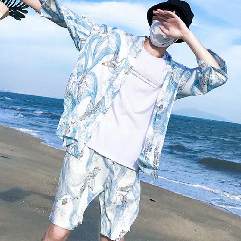 jiaabc Men's 2 Pieces Set Hawaiian Shirts + Beach Shorts Mens Casual Streetwear Summer 12 Floral Print Loose Short Sleeve Holiday Suits