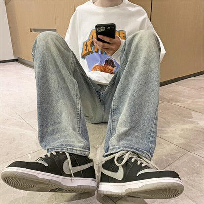 jiaabc Autumn New Streetwear Baggy Jeans Men Korean Fashion Loose Straight Wide Leg Pants Male Brand Clothing Gray Light Blue