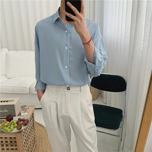 jiaabc Spring New Shirt Men Blue Simple Silk Shirt Long Sleeve Solid Color Loose Casual Fashion Designer Men Dress Shirt Blouses