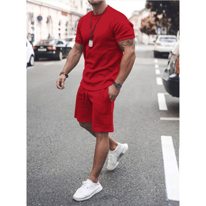 jiaabc Men's Sports Suit Summer Breathable T-shirt 2 piece Set Men Solid Color Fitness Gyms Running Sportswear Male Tracksuit 2023 New