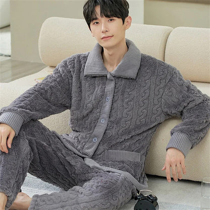 jiaabc Men Warm Flannel Winter Pajamas Turn-down Collar Long Sleeve Homewear Two-piece Set Loose Comfortable Thick Sleepwear Nightwear