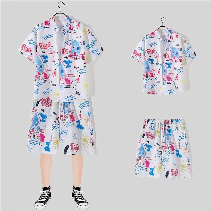 jiaabc 2 Piece Sets Men Beach Fashion M-3XL Baggy Handsome Print Shirts Shorts Hawaiian Holiday Unisex Thin Summer Vintage Clothing Ins