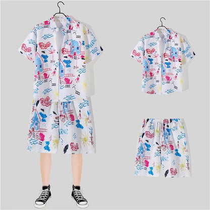 jiaabc 2 Piece Sets Men Beach Fashion M-3XL Baggy Handsome Print Shirts Shorts Hawaiian Holiday Unisex Thin Summer Vintage Clothing Ins