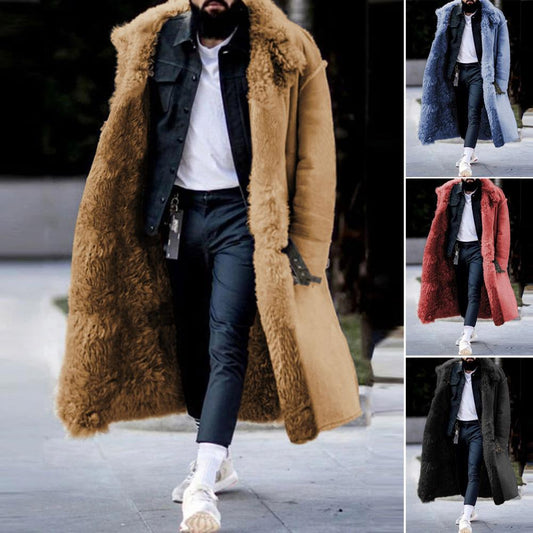 jiaabc Trendy Men Winter Overcoat Midi Length Men Coat Faux Fur Colorfast Mid-calf Length Winter Overcoat Warm