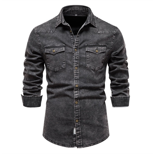 jiaabc Cotton Men Denim Shirts Double Pocket Solid Color Casual Male Cowboy Shirts New Autumn Slim Quality Shirts for Men