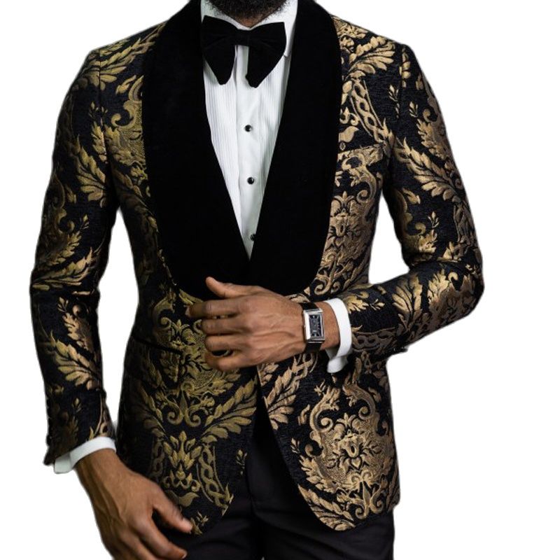 Jacquard Floral Tuxedo Suits for Men Wedding Slim Fit Navy Blue and Gold Gentleman Jacket with Vest Pant 3 Piece Male Costume