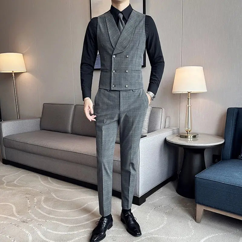 jiaabc Double breasted gray plaid vest men's suit set with striped vest business suit