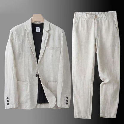 jiaabc Spring Autumn Fashion Men Linen Two-piece Set Blazer Jacket + Pants Solid Slim Fit Casual Business Thin Clothing Breathable Suit