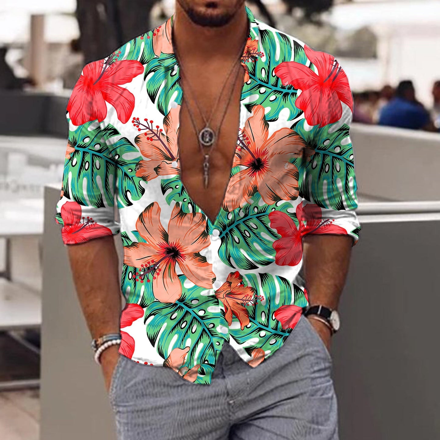 jiaabc Spring Autumn Men Hawaiian Shirts Turn-down Collar Buttoned Tops Men's Casual Tropical Printed Long Sleeve Shirt Streetwear