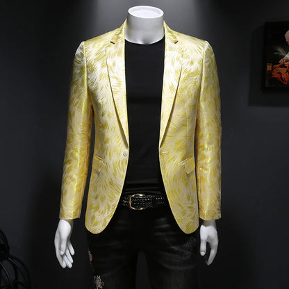 jiaabc Luxury Men Jacquard Slim Fit Blazer Stage Performance Metal Gold Yarn Casual Suit Jacket Formal Stage Costumes