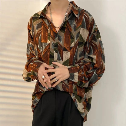 Antique Vintage Long sleeve Shirt for Men Streetwear Korea Style Fashion Design Clothes Full-printed Men's Hip Hop Top Shirt