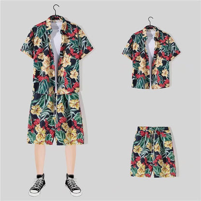 jiaabc 2 Piece Sets Men Beach Fashion M-3XL Baggy Handsome Print Shirts Shorts Hawaiian Holiday Unisex Thin Summer Vintage Clothing Ins