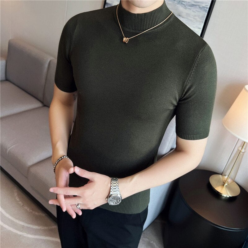 jiaabc Autumn High Quality Short Sleeve Knitted T Shirts  Men Slim Solid Pullovers Half Turtleneck Casual Stretched Tee Shirt Homme