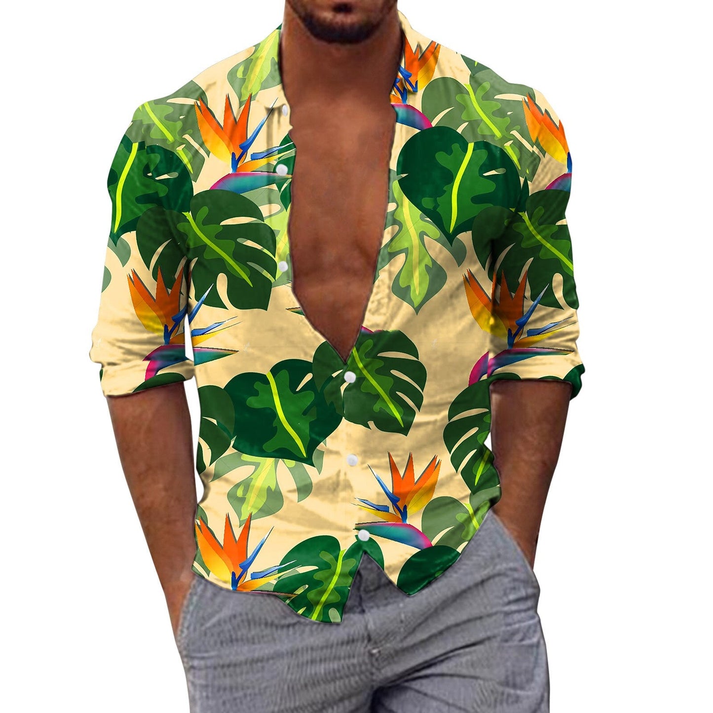 jiaabc Spring Autumn Men Hawaiian Shirts Turn-down Collar Buttoned Tops Men's Casual Tropical Printed Long Sleeve Shirt Streetwear