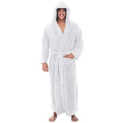 jiaabc Long Sleeve Pocket Belt Solid Color Men Bathrobe Winter Warm Hooded Long Fleece Home Gown Sleepwear