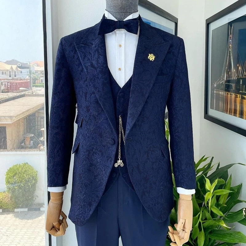 Jacquard Floral Tuxedo Suits for Men Wedding Slim Fit Navy Blue and Gold Gentleman Jacket with Vest Pant 3 Piece Male Costume