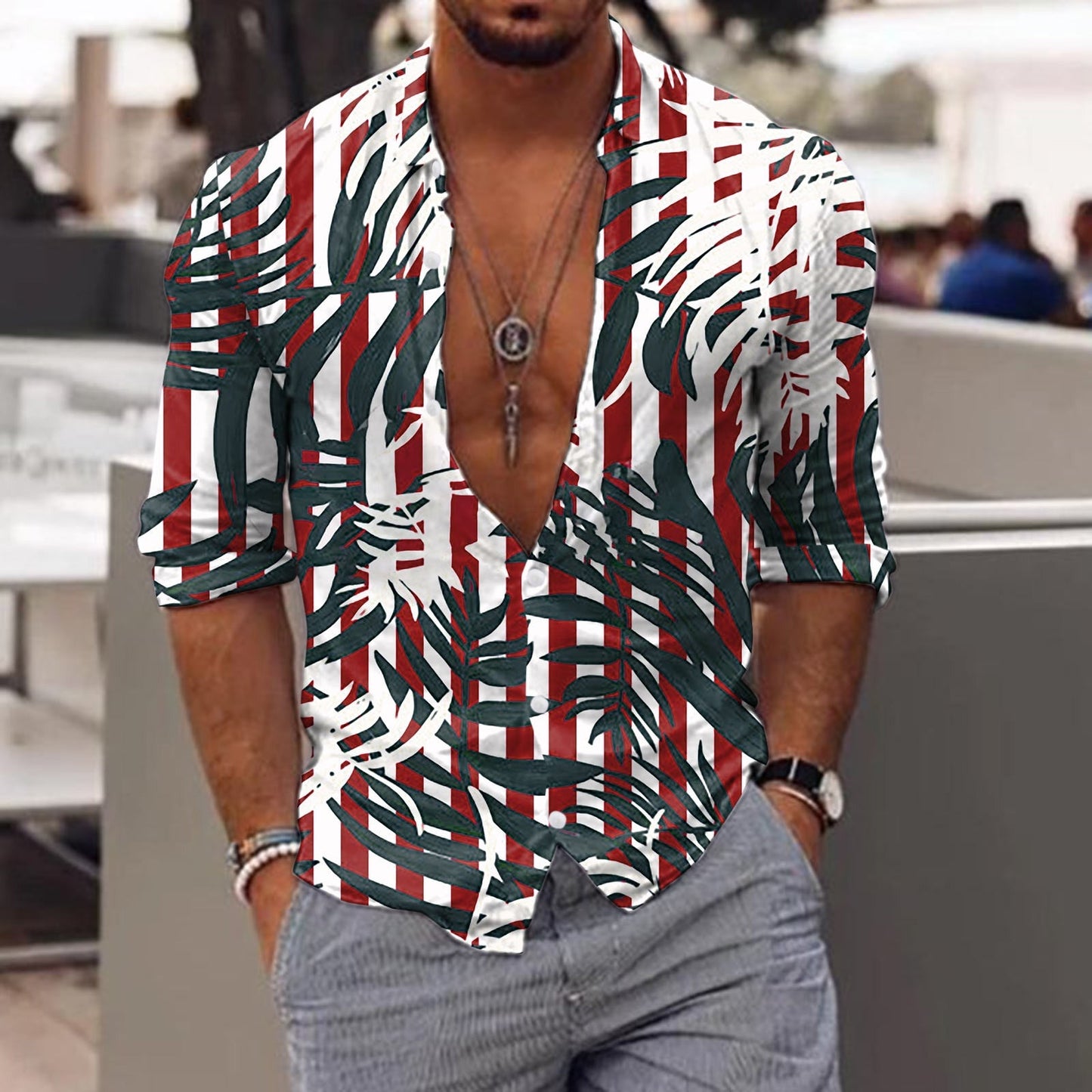 jiaabc Spring Autumn Men Hawaiian Shirts Turn-down Collar Buttoned Tops Men's Casual Tropical Printed Long Sleeve Shirt Streetwear