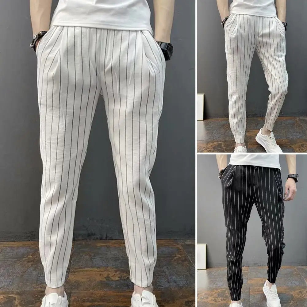 jiaabc Men Harem Pants Striped Drawstring Elastic Waist Slim Fit Streetwear Spring Autumn Stretch Ankle Tied Pencil Pants for Daily