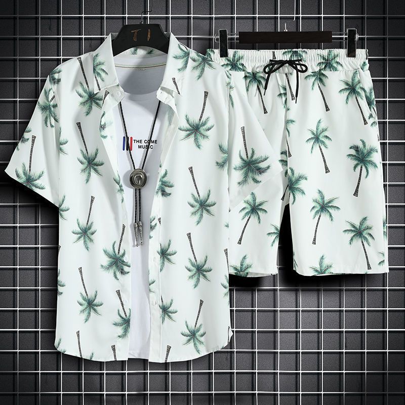 jiaabc Beach Clothes For Men 2 Piece Set Quick Dry Hawaiian Shirt and Shorts Set Men Fashion Clothing Printing Casual Outfits Summer