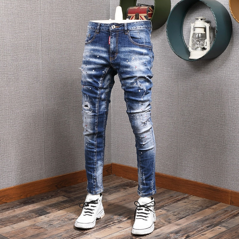 jiaabc Fashion Streetwear Men Jeans Retro Black Blue Elastic Slim Fit Ripped Jeans Men Spliced Designer Embroidery Hip Hop Denim Pants