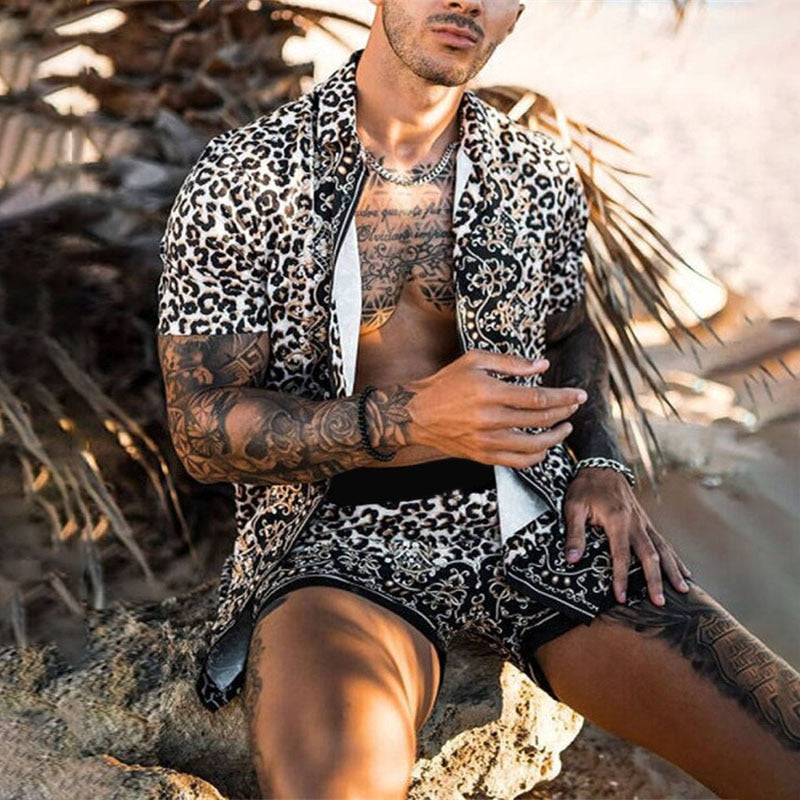 jiaabc NEW Men leopard print Hawaiian Sets Summer Short Sleeve Button Shirt Beach Shorts Streetwear Casual Mens Suit 2 Pieces